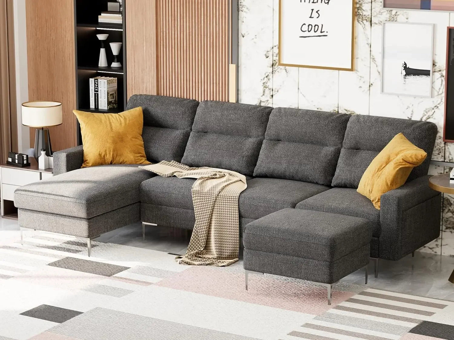 CozyBlend Modern Linen Grey Sofa | Double Chaise Sectional - Buy Home Furniture Online at FYHO