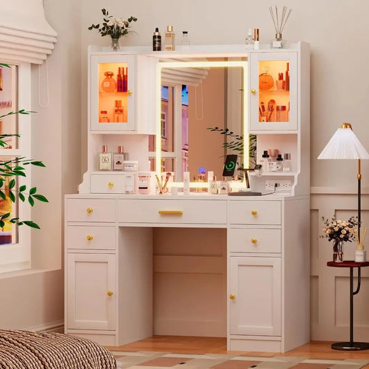 Glimmar Vanity Desk LED Mirror Lights Drawers Makeup Table - Buy Home Furniture Online at FYHO