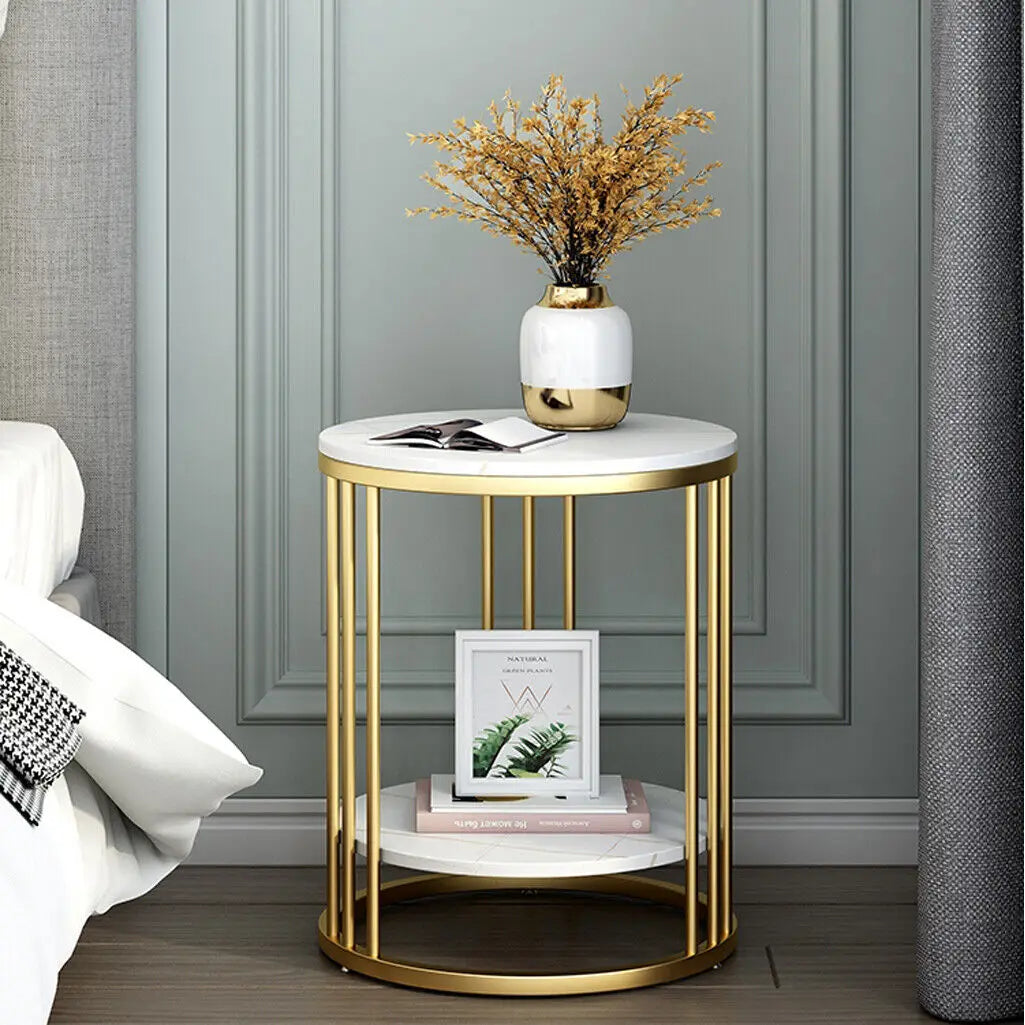 GoldVein 2-Tier White Marble Side Table Round Sofa End Table - Buy Home Furniture Online at FYHO