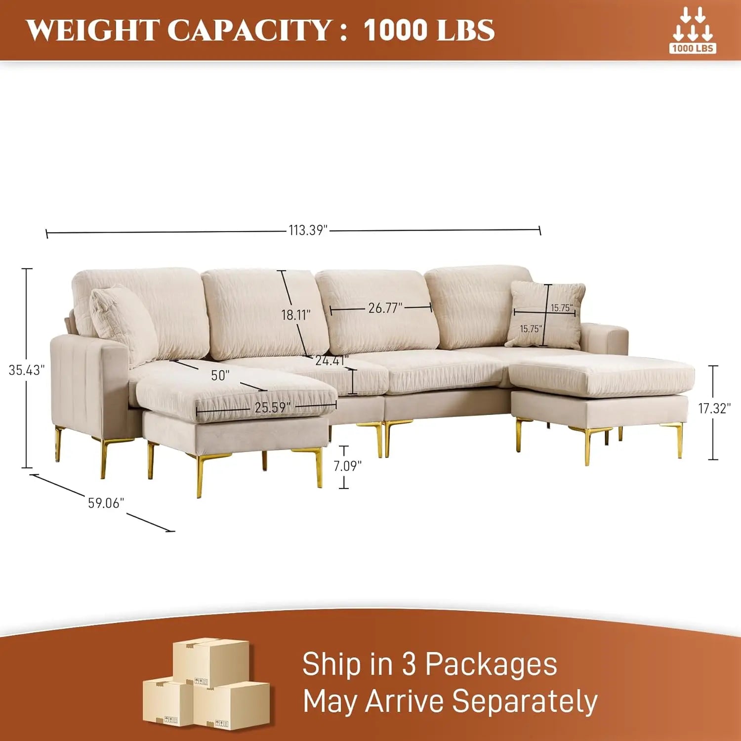 Sereny Velvet U-Shaped Sectional Sofa Chaise Ottoman Couch - Buy Home Furniture Online at FYHO