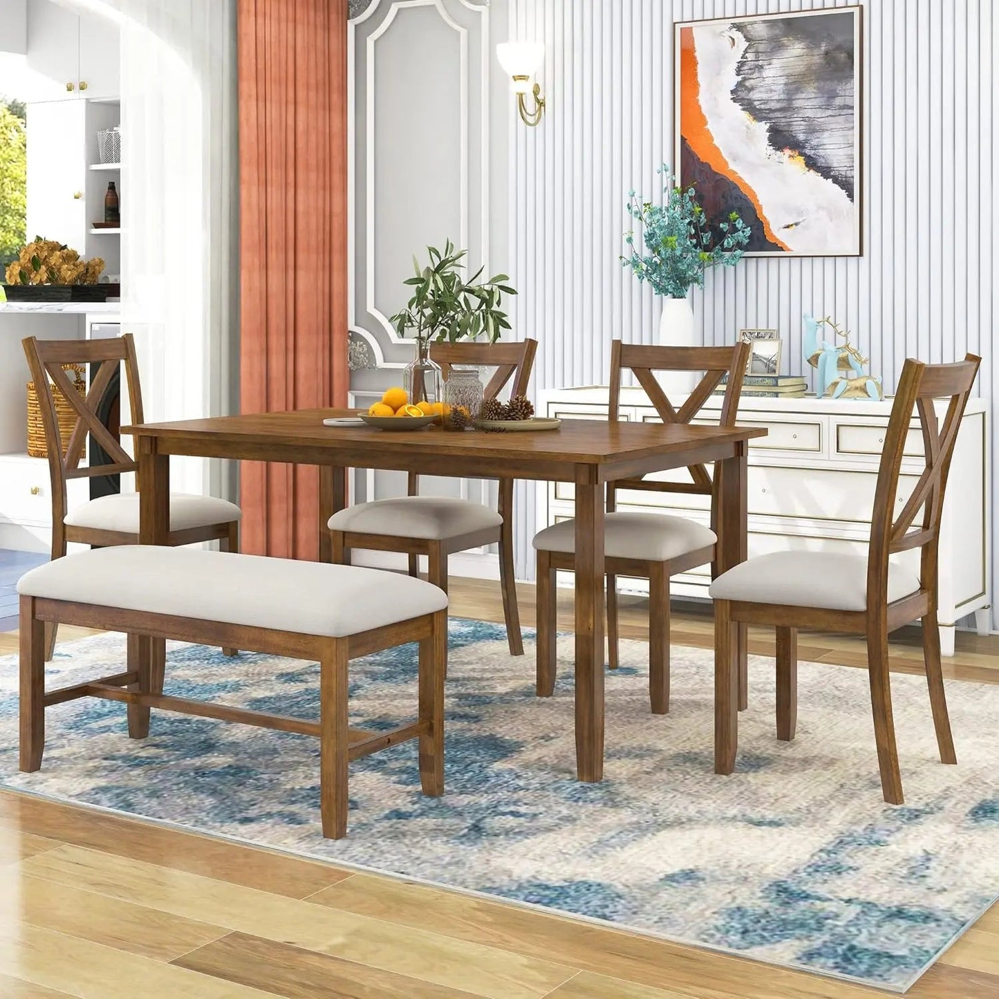 TimberBliss 6-Piece Wooden Dining Set with Bench & 4 Chairs - Buy Home Furniture Online at FYHO