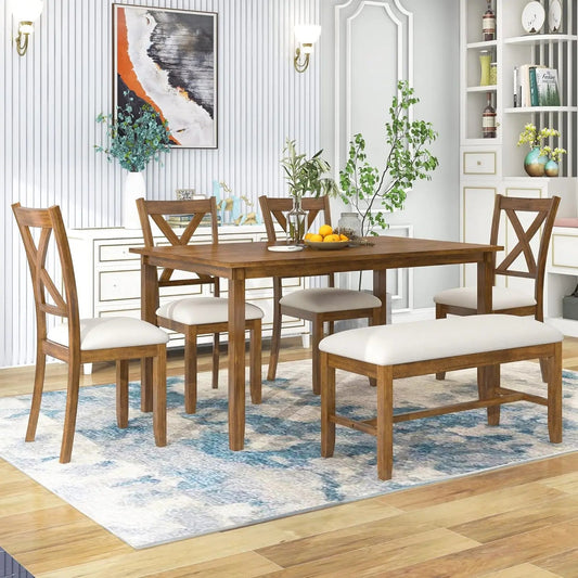 TimberBliss 6-Piece Wooden Dining Set with Bench & 4 Chairs - Buy Home Furniture Online at FYHO